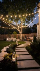 Obraz premium Enchanting Backyard Pathway Illuminated by String Lights and Lanterns