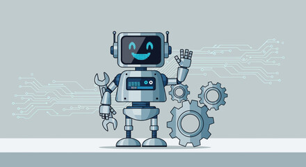 Smiling Robot Shows Technical Repair Abilities With Gears, Circuit and Friendly Face