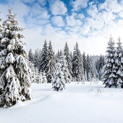 Snowy winter forest, tall evergreens blanketed in snow, bright blue sky with clouds