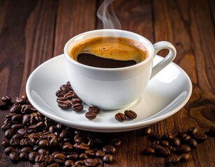 Obraz premium Espresso in white cup, coffee beans scattered