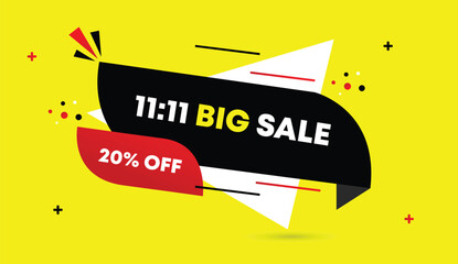 11 to 11 big sale editable vector art illustration web banner template twenty percent off design abstract background with black white red gradient shapes modern yellow creative layout