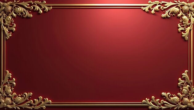 Elegant gold border with clean lines on rich red background. Traditional ornate decorative frame with vintage floral detail. Luxurious heritage design, stylish, refined craftsmanship suitable for
