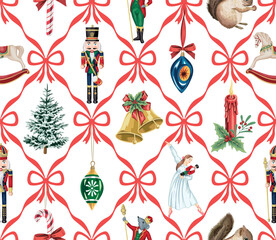 Nutcracker, ballerina, mouse king, Christmas tree, golden bell, rocking horse, candy cane, candle, ball, ribbon, bow seamless pattern. Merry Christmas, New Year wallpaper.