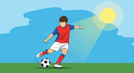 Obraz premium Soccer Player Kicking Ball Under Sunny Sky During The Game Action, Vector Style Illustration
