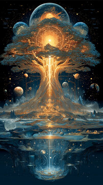 The epic world tree Yggdrasil supporting planets in a celestial cosmic ocean.