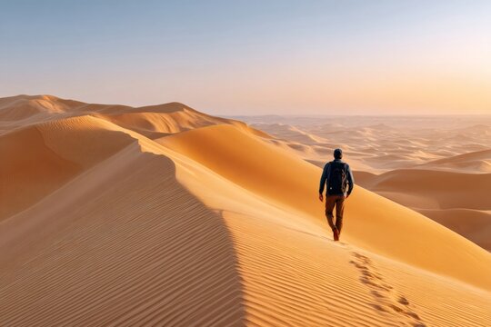 Tourist walking on sand dune in desert at sunset