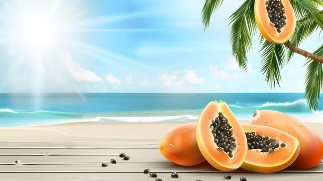 Fresh Papaya Sliced on Wooden Deck with Tropical Beach and Palm Tree Under Bright Sunlight
