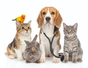 Pet animals, dog, cat, bird, rabbit, stethoscope, veterinary, clinic