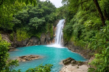 Obraz premium Majestic waterfall cascading into vibrant turquoise pool in lush rainforest