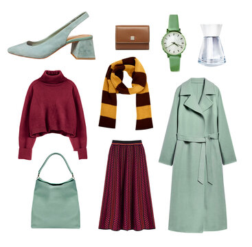Women's fashion clothes set isolated on white. Collage of trendy female autumn style apparel, fall outfit.Trendy garment and accessories collection.
