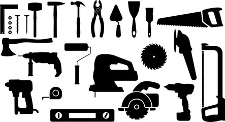 Vector black silhouette icons of construction, power, and hand tools. Isolated on white, ideal for industrial, DIY, and UI design use. Editable silhouette icon of drill, hammer, wrench, etc.