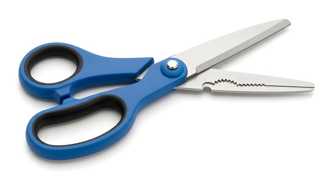 This is a pair of multi-purpose scissors with blue handles and stainless steel blades. It features a built-in gripping section for holding or twisting objects, making it useful for cutting and light g
