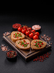 Vegan sandwiches with bread, mushroom or bean pate and vegetables. Vegetarian pate sandwiches