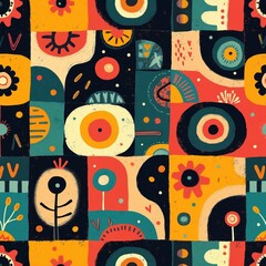 Vibrant geometric textile pattern features colorful squares with ethnic tribal motifs. Bold retro design with abstract folk art elements, including flowers, circles. Seamless, repeating graphic