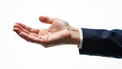 Man hand in dark blue suit extends palm up in begging gesture. Isolated on white background, high-resolution closeup shot conveys concepts of need, offering, receiving. Perfect for themes of finance,
