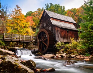 Autumnal mill by a rushing stream