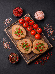 Vegan sandwiches with bread, mushroom or bean pate and vegetables. Vegetarian pate sandwiches