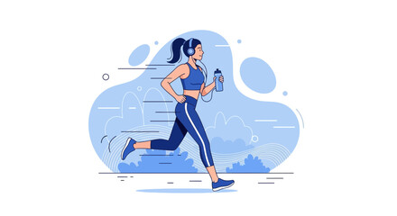 Vibrant Illustration: Animated Female Runner Enjoying Fitness Using Headphones and Water Bottle