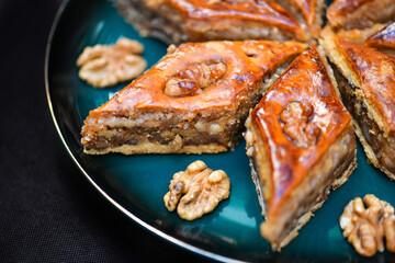 Baklava with walnuts. Homemade baklava with nuts and honey.