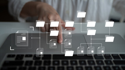 Digital file structure showing folder organization, file hierarchy, and document arrangement. File...