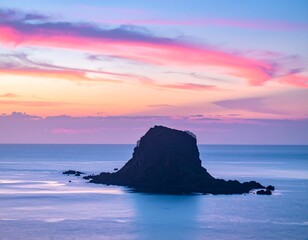 Dramatic sunrise over solitary rock island