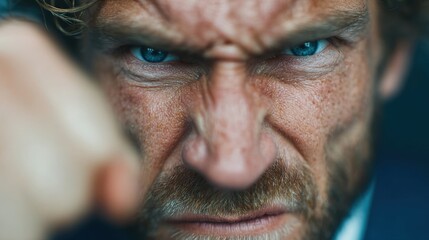 Intense man's face with piercing blue eyes conveying anger and determination for dramatic impact