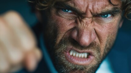 Furious businessman clenches fist in anger, showing teeth in intense aggressive expression