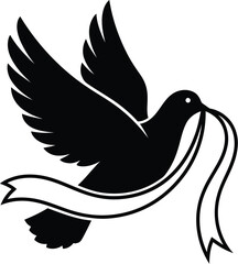 Obraz premium Dove with a ribbon, symbol of peace and hope editable vector illustration icon. Dove holding a ribbon icon. 