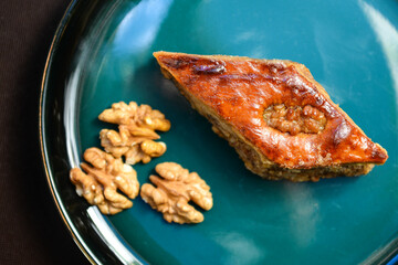 Baklava with walnuts. Homemade baklava with nuts and honey.