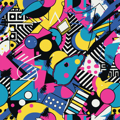 Abstract Geometric Seamless Pattern with Retro Shapes Colorful 80s Memphis Style Background