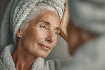 Beautiful senior woman looking at herself in the mirror after shower