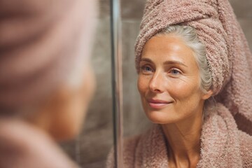 Beautiful senior woman wearing bathrobe and towel looking at herself in bathroom mirror