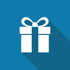 white gift box icon with ribbon and long shadow flat design for ecommerce app notification celebration sale promotion