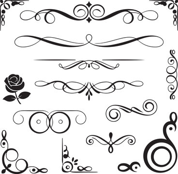 hand drawn black ornamental flourishes and swirls vector pack for elegant stationery logo monogram design assets