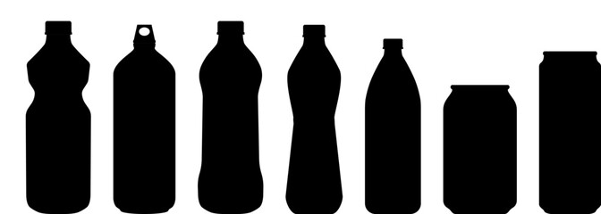 Collection of black silhouette icons of bottles and cans. Includes plastic bottles, soda cans, and beverage containers. Vector illustration isolated on a white background.