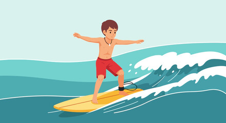 Obraz premium Surfer Balanced on a Wave, Enjoying Summer Beach Vacation, Colorful Surf Illustration