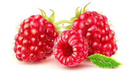 Fresh Raspberries with Green Leaf on White Background