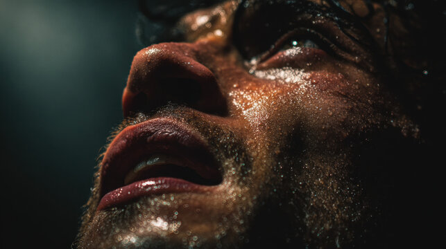Lifter&acirc;&euro;&trade;s jaw clenched, face dripping sweat, captured in deep strain, Sony A7C II + 50mm f/1.2, soft background --ar 16:9
