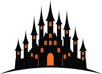 Obraz premium Spooky castle silhouette with orange windows and towers, fantasy vector illustration for Halloween, haunted architecture, medieval design, night concept art