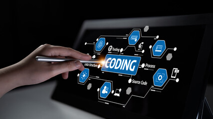 A close-up of a hand interacting with a digital screen showcasing various coding concepts, ideal for illustrating software development and technology themes in modern environments. Tessel