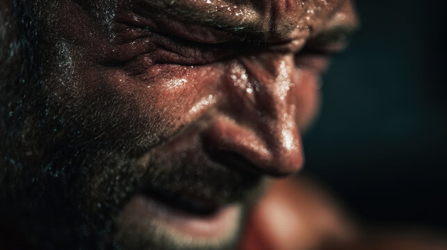Close-up of an elderly man's face covered in sweat and dirt, showing intense emotion and distress with a furrowed brow and closed eyes amid darkness and shadows. - Powered by Adobe