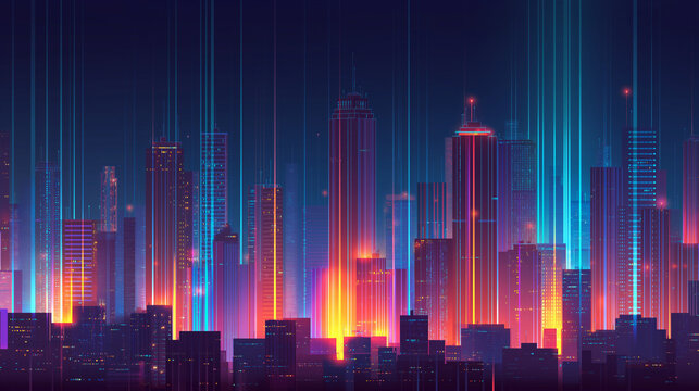 Futuristic smart city skyline at night, neon lights, connected buildings with glowing data streams across rooftops