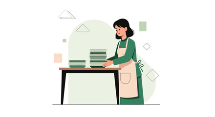 Woman Arranging Clean Dishes On Table, Domestic Chore, Everyday Routine, Minimalist Illustration