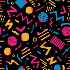 Abstract Geometric Seamless Pattern with Retro Shapes Colorful 80s Memphis Style Background