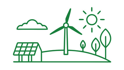 Sustainable energy landscape with wind turbine, solar panel, sun, trees and clouds in green minimal line art style