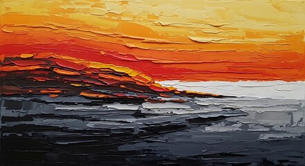 Abstract Sunset Over a Rocky Shore.