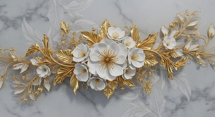 Ornate white flower and gold embellishment on marble background