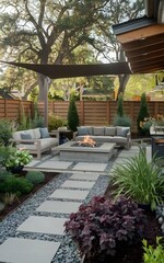 Fototapeta premium Cozy Outdoor Living Room with Fire Pit and Modern Furniture