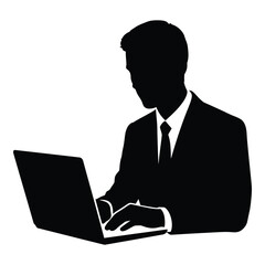 Silhouette of a businessman typing on a laptop computer representing business work silhouette