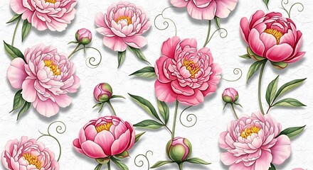 Elegant pink peony floral pattern with buds and green leaves